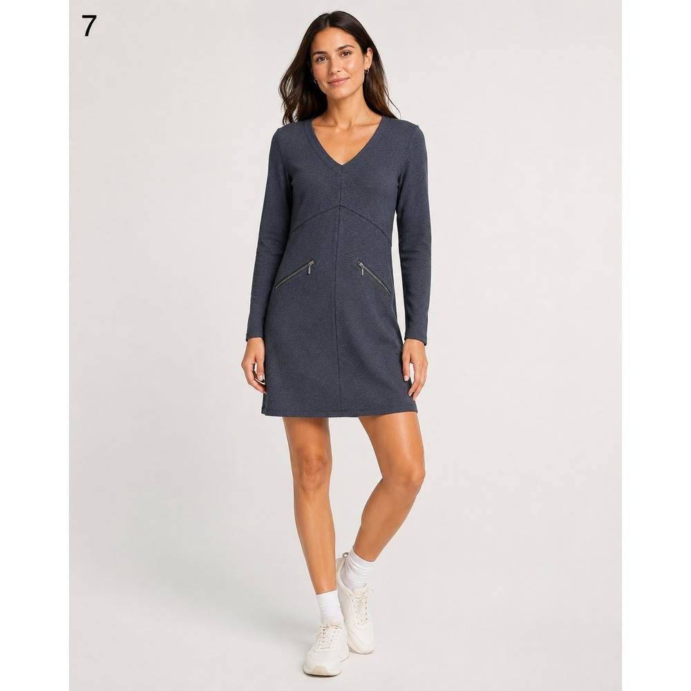 Athleta Celebration Dress Womens MP Gray Cotton Blend Zip Pockets V-Neck NWT